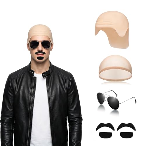 Nutbind Bald Cap Set for Women and Men, Featuring Wig Cap, Aviator Sunglasses, and Fake Mustache – Ideal for Concerts, 80s Parties, Cosplay Events, Holloween Beige/Black by Nutbind - Used condition - US$8.09