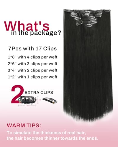 Image of Moresoo Clip in Human Hair Extensions, Natural Black, 16Inch PU Skin Weft | Clip in hair extensions, 16inch 120g 7pcs, suitable for office and daily wear, soft natural enhancement for subtle volume