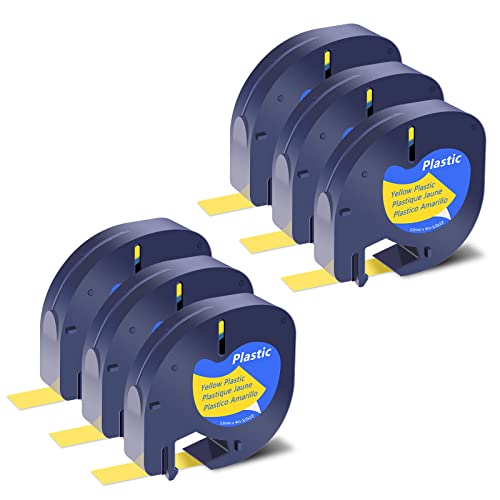 USUPERINK 6PK Compatible for Dymo LetraTag Refills 91202 91222 91332 59423 S0721620 Yellow Plastic Label Tape 1/2'' 12mm x 4m for Letra Tag LT100H LT100T QX50 Label Maker Black on Yellow Tape