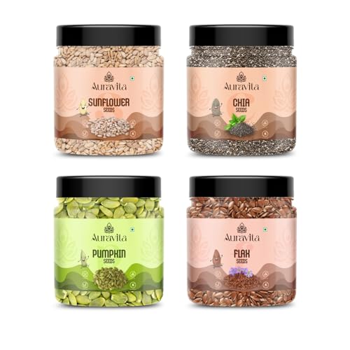 Image of Auravita 4 Combo (Chia, Pumpkin, Sunflower & Flax Seed) 250gms each (1KG total) Jar Pack | Mix Seeds for Eating Superfood Perfect for Gifting