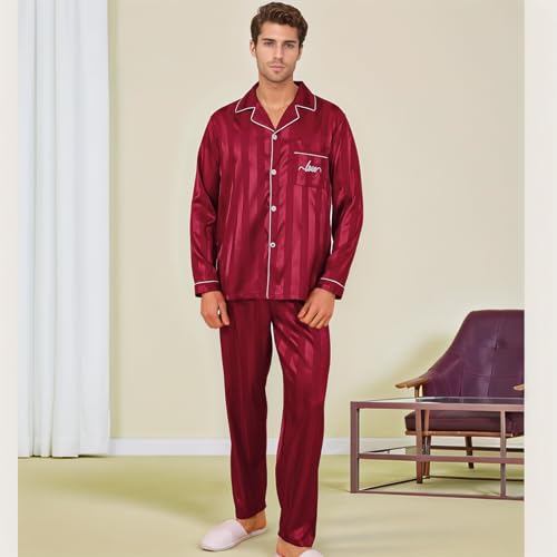 ShuiGod-Mens Silky Satin Pajamas Set Long Sleeve Top and Long pants Nightwear Button-Down Pj Sets Sleepwear2