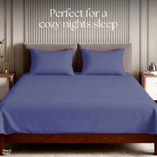 Image of haus & kinder Bedsheet King Size, 300 TC Cotton Sateen Weave, Flat Bedsheet for King Size Bed, Silky Smooth (Blue Haze, 108x108)