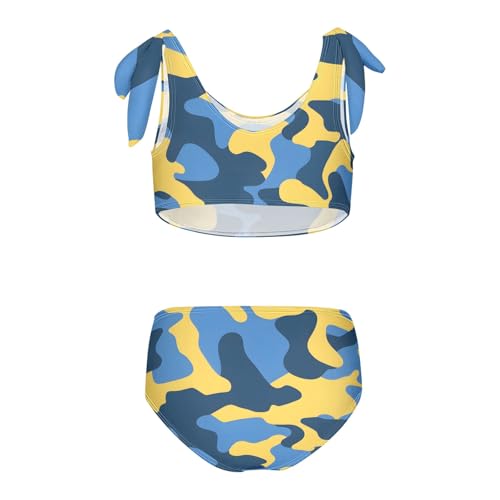 Girls' Bikini Set, Blue and Yellow Camouflage Pattern Kids Swimsuit 2 Pcs Beach Bathing Suit2