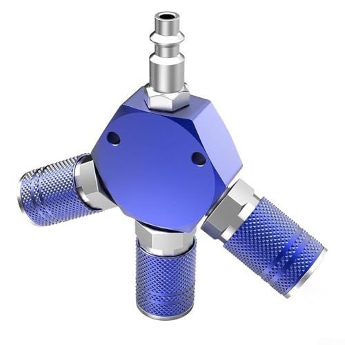 3-Way 1/4 Inch Air Manifold Splitter with Quick Connect Fittings for Air Compressor Hose Heavy Duty Metal Construction Industrial Grade Air Tool Distributor for Workshop Garage(Blue)
