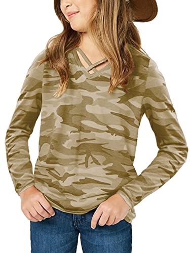 Image of Girls Camouflage Stripe Short Sleeve Shirts V Neck Criss Cross Tees Sweat Kids Casual Sport Tops Blouse（4-15T）
