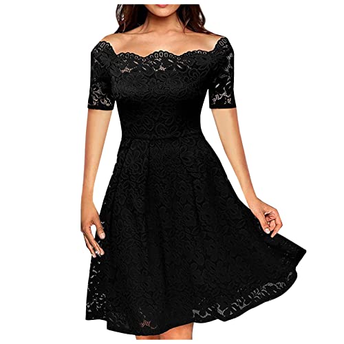 Vasreyy Kleid Sexy Kleidung Damen Barock Kleid Spitze Kurzarm Hohe Taille Kleider Swing A-Linie Spitzenkleid Knielang Midikleid Abendkleid Lang...