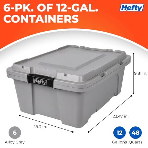 Image of Hefty MAX Pro 12 Gallon Storage Bins with Latching Lids, Heavy Duty Stackable Plastic Storage Containers for Garage, Basement & Outdoor Use, Utility Storage Tote, 6 Pack, Gray