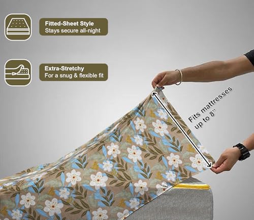 Image of VAS Collections Waterproof Fitted Bedsheet King Size (78x72+8 inches) with 2 Pillow Covers | Noiseless, Leakproof, All-Round Elastic (Blue, White & Light Brown, Fitted Bedsheet (78 X72 inch))