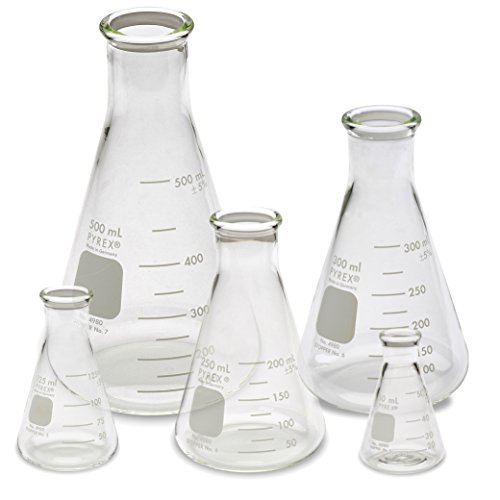 Corning Pyrex #4980 Erlenmeyer Narrow Mouth, Glass Flask Set - 5 Sizes - 50mL, 125mL, 250mL, 300mL, 500mL