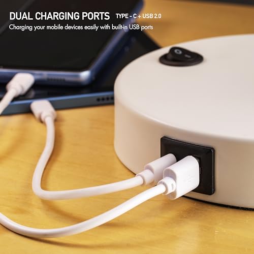 Image of O'Bright Astrum - LED Desk Lamp with Dual USB Charging Ports, 100% Metal, 270 Degree Swivel Arms, Soft White Light (3000K), Bedside & Home Office Table Lamp, ETL Listed, White