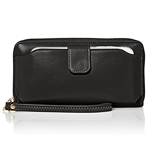 Amazon Essentials Women Wristlet Wallet with Cell Phone Holder RFID Blocking Zip Around Wallet PU, Black