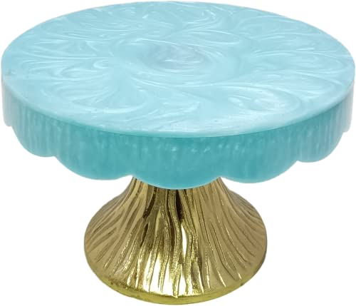 Image of Blue Resin Stylish Vintage Turquoise & Gold Cake Stand for Weddings, Birthdays, and Parties - Elegant Dessert Display
