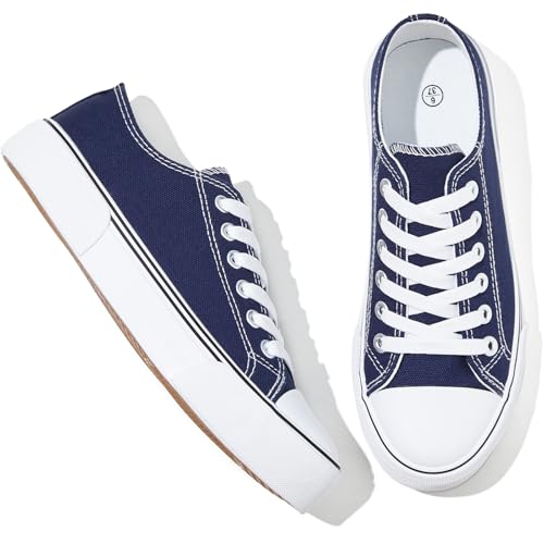 Adokoo Canvas Tennis Shoes for Women Low Top Casual White Navy Sneakers for Women Lace Up Fashion Comfortable Walking Shoes (Navy,8)