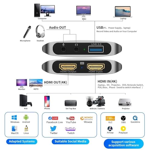 Image of MICROWARE Audio Video Capture Cards 1080p 60fps, 4k HDMI Capture Card Nintendo Switch, USB 3.0 Game Capture Card for Live Streaming Video Conferencing Teaching 3ds P4 P5 PC Xbox One Camera OBS