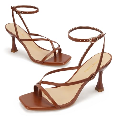 Women's Strappy High Heels Sandals Square Open Toe Ankle Strap Slingback Thong Stilettos Shoes for Wedding,Brown Pu,74