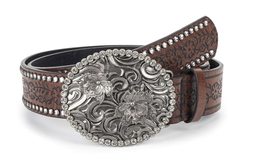 Women's Vintage-Western-Cowboy-Belt with Rhinestone-Buckle, Floral Engraved Cowgirl Belt Waist Strap for Jeans