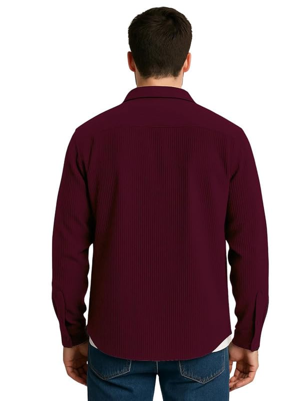 Image of DEELMO Men's Full Sleeve Corduroy Shirt | Stylish Textured Casual Button-Down Shacket for Autumn Winter | Dual Pocket Front Design | Ideal for Layering and Daily Outfits