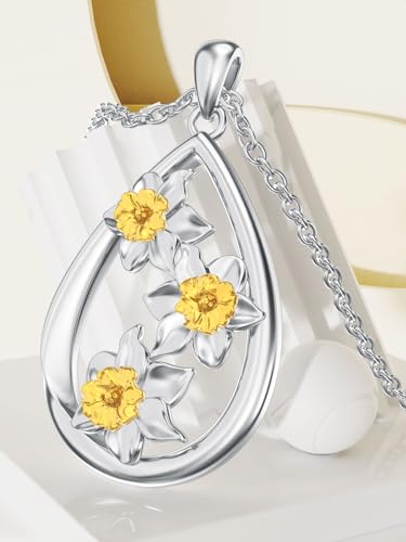 Teardrop Daffodils Necklace 925 Sterling Silver March Birth Flower Pendant Floral Birthday Jewelry Gift for Women2