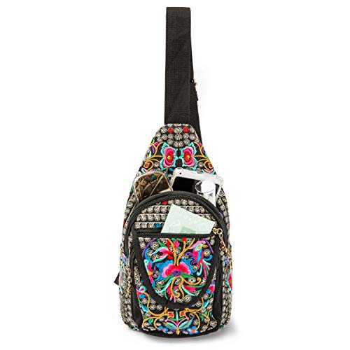 Image of SILKAREA Embroidered Canvas Sling Backpack for Women Travel Chest Bag Crossbody Backpack Purse Shoulder Bag Medium