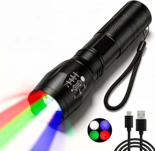POCKETMAN Zoombar   Linterna LED (4 colores en uno (rojo, blanco, verde, azul), lámpara de mano extremadamente brillante recargable, 4 modos, multifuncional para exteriores, astronomía, visión