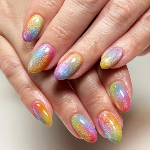 Rainbow Press on Nails With Pride Design Medium Oval False Nails Glossy Shimmer Glitter Fake Nail Sparkly Ombre Glue on Nail Shine Gradient Stick on Reusable Acrylic Fingernail for Women Daily Wear