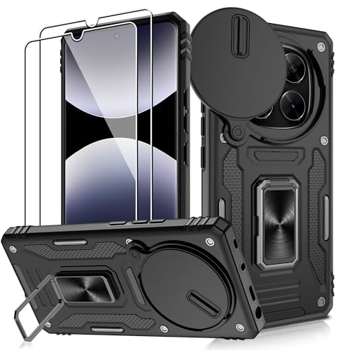 Jshru Handyhülle für Xiaomi Redmi Note 14 Pro 4G/5G Hülle Kameraschutz Slide Camera mit 2 Stück Schutzfolie Metall Ring Ständer Case Stoßfest Schutzhülle für Xiaomi Note 14 Pro Schwarz