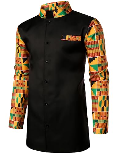 ZEROYAA Men's Kente Print Suit Long Sleeve Button up African Dashiki Shirt and Pants Ethnic 2 Piece Outfit3
