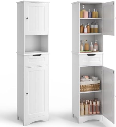 170 cm Tall and Narrow Bathroom Cabinet, Column with Drawer and D...