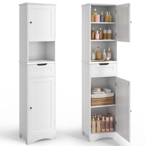 Blishom Mueble de Baño Alto y Estrecho de 170cm, Columna con Cajón y Puertas, Estante con Baldes Ajustables, Almacenaje Antivuelco para Espacios Pequeños, 30x40x170 cm, Blanco