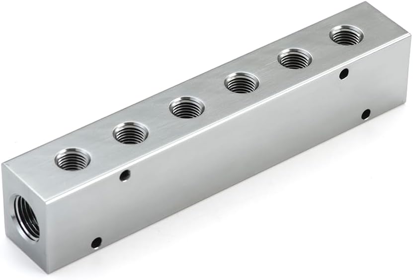 Air Manifold, 6Way 8Port Air Compressor Manifold, Air Hose Inline Manifold Block Splitter, Pneumatic Manifold Air Distribution Block (726-0602 3/8" x 1/8"NPT(6) Ctr to Ctr 1")