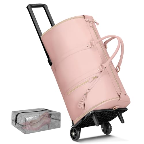 Ytonet Rolling Garment Bags for Travel, Convertible Carry On PU Leather Travel Bag 2.0 Roller Edition, 3 in 1 Suit Garment Duffle Bag with Wheels and Shoe Pouch for Business Wedding Overnight, Pink