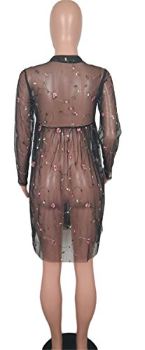 Womens Sexy Long Sleeve O Neck Mesh Embroidered See-Through Party Clubwear Dress Black #TOP5
