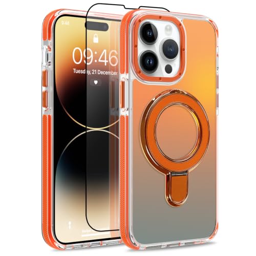 Image of Magnetic for iPhone 14 Pro Case with Stand [Compatible with Magsafe] [Cute Fashion Fluorescent Design] [1 Screen Protector] Slim Translucent Matte Case for iPhone 14 Pro 6.1 inch 2022, Orange