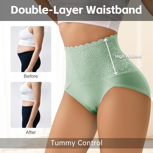 Women Tummy Control Underwear,High Waisted Lace Panties, High Cut Silky Soft Ladies Postpartum Brief Multipack2