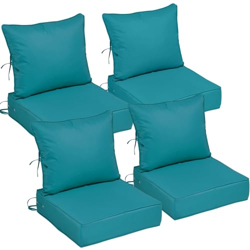 Image of 24x28 Outdoor Chair Cushions Set of 4, Waterproof Deep Seat Cushions for Patio Furniture with Removable Cover, Fade Resistant 4'' Outdoor Seat Cushion with Ties&Handle for Sofa Loveseat,Turquoise