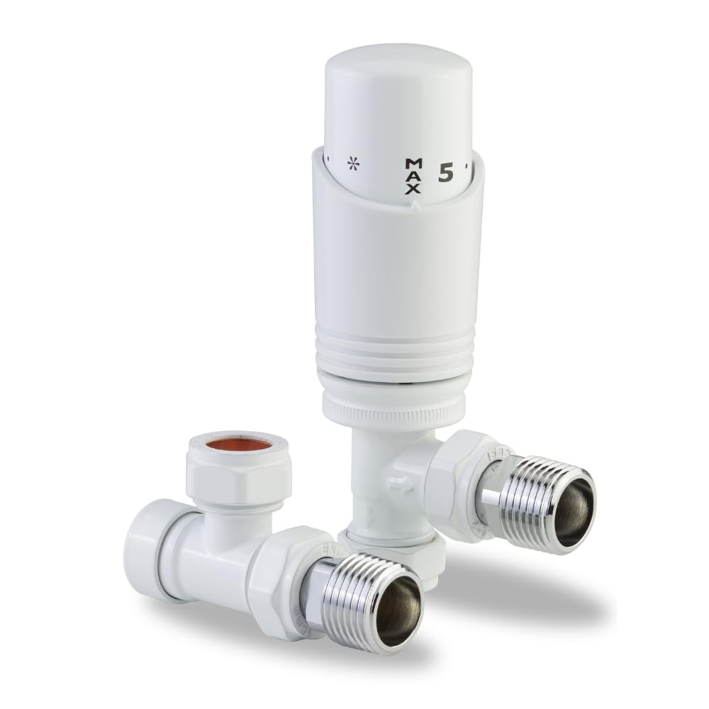 LavaTherm Thermostatic Radiator Valve TRV – 15 mm Angled – Energy Saving Central Heating Radiator Valve – Premium Brass Replacement TRV and Lockshield – White