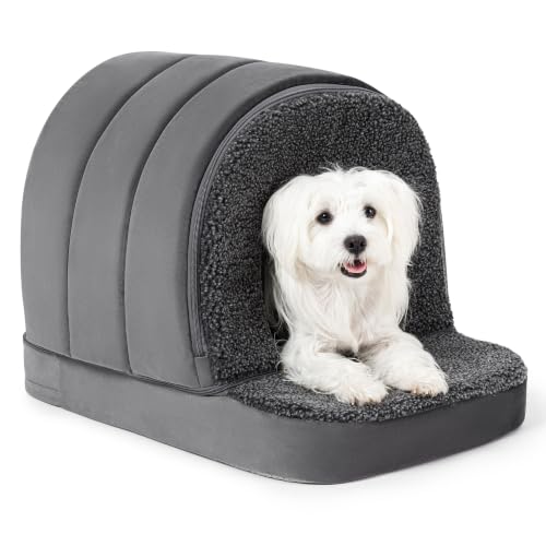 PELZIN Orthopädisches Hundehütte Indoor - Hundehaus für Drinnen - Hundehöhle Hundebett Mit Dach - Waschbar Hundehütte für Kleine Hunde & Einen 61cm Hundekorb - 58x41cm, Grau