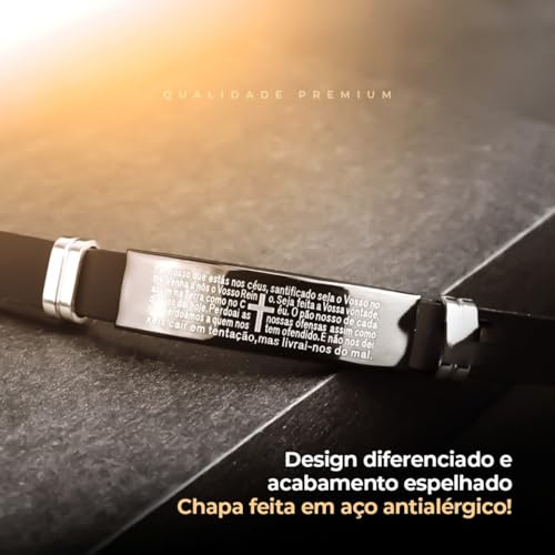 Pulseira Masculina Pai Nosso Aço Preta Bracelete Premium Oração