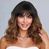 andromeda Short Wavy Wig with Bangs Soft Short Bob Wigs for Black Women Synthetic Shoulder Length Women's Wigs for Daily Party Use (Ombre Brown)