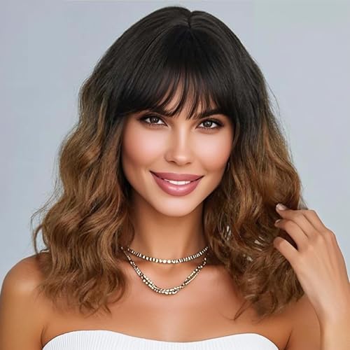 andromeda Short Wavy Wig with Bangs Soft Short Bob Wigs for Black Women Synthetic Shoulder Length Women's Wigs for Daily Party Use (Ombre Brown)