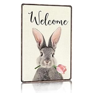Easter Gifts Funny Bunny Tulip Welcome Vintage Tin Sign for Home Room Yard Garden Party Easter Spring Decor 8×12 Inch 3093