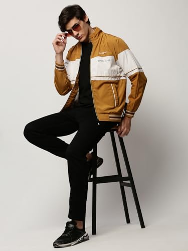 Image of SHOWOFFFF Men Colourblocked Bomber Jacket | Mock Collar Full Sleeves Nylon Jacket for Mens | Slim Fit Regular Length Jacket for Men's