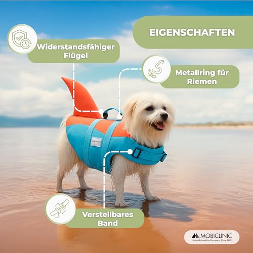 Mobiclinic®, Schwimmweste Hund, Haifischflossen-Design, Rettungsgriff, Verstellbares Geschirr, Leinenring, Hoher Auftrieb und Gute Sichtbarkeit, Sharky, Leicht, Schwimmen, Surfen, Segeln