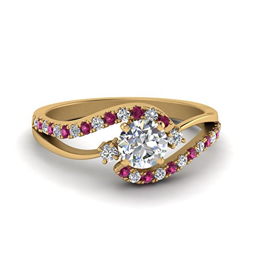 Image of Choose Your Gemstone Swirl 3 Stone Diamond CZ Engagement Ring Yellow Gold Plated Round Shape Side Stone Engagement Rings for Women, Girls and Ladies US Size 4 to 12