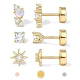 Hypoallergenic Flat Back Earrings for Women Gold Plated Solid 925 Sterling Silver Post Stud Cartilage Helix Conch Tragus Piercing Jewellery 3 Pairs Tiny Screw Dainty CZ Opal Earring Set Sun