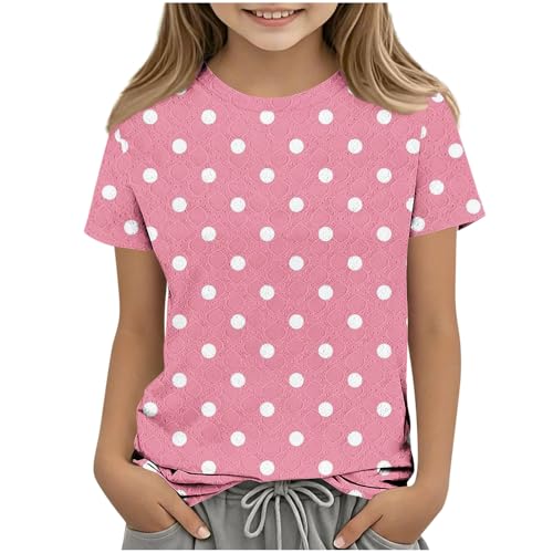 Girls Polka Dot Shirt Kids Eyelet Tops Short Sleeve T-Shirts Summer Casual Graphic Tees Shirts 3-12 Years Pink