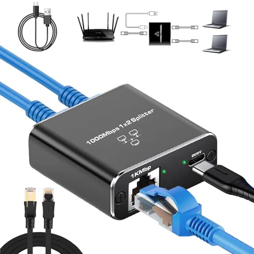 Ethernet Splitter 1 to 2 with 1.5Ft Cat 8 Ethernet Cables, 1000Mbps Internet Splitters High Speed with USB Power Cable,Gigabit LAN Splitter for Cat5/5e/6/7/8 Cable(2 Devices Simultaneously Networking)