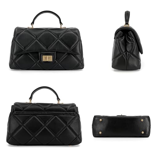 Quilted Leather Crossbody Bags for Women w/Detachable Gold Chain Strap, Designer Top Handle Bag, Shoulder Flap Purse3