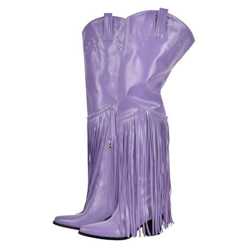 Image of richealnini Western Thigh High Cowboy Boots with Fringe Over Knee Wide Calf Cowgirl Boots
