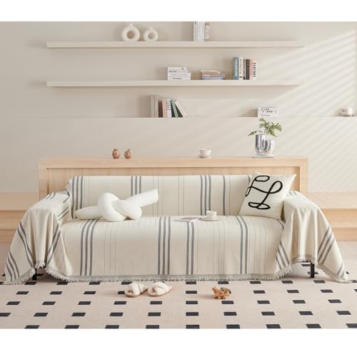 Manta de felpilla para sofá, patrón de líneas grandes, para sofás de 5 plazas, color gris claro, varios tamaños, decoración de sala de estar y protección de sofá